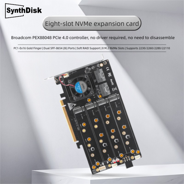 SynthDisk 8-bay M.2 NVMe Array Card, Broadcom PEX88048 Chip, PCIe4.0 x16 Bandwidth, Driver-free and Split-free