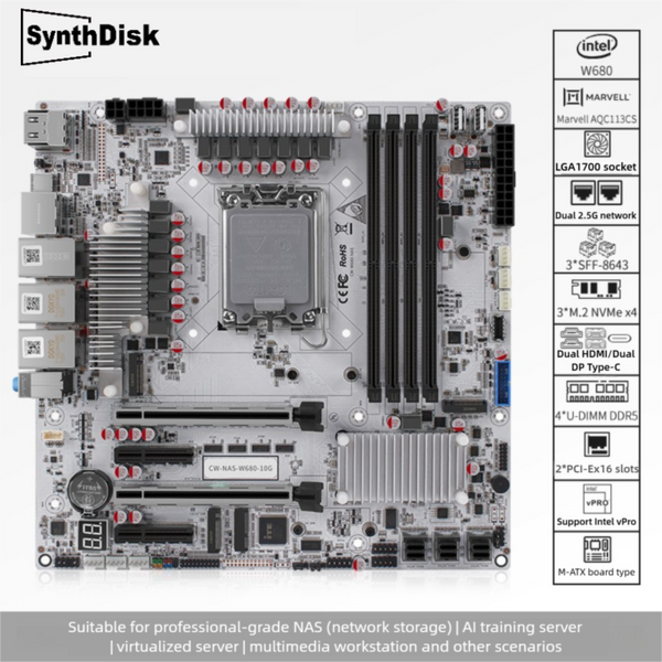 SynthDisk W680 NAS motherboard supports 12-bay server-grade SATA, four R5 slots, and pure ECC 10G Ethernet ports.