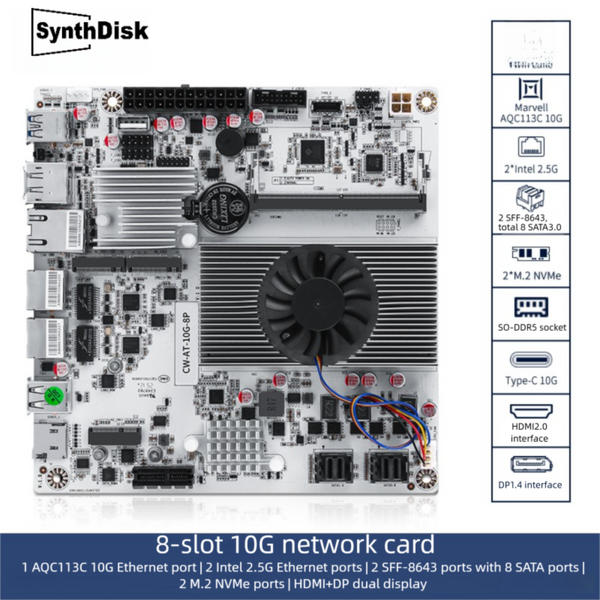 SynthDisk eight-slot 10G NAS motherboard N150/N305/N355 / dual 2.5G network card + 10G 10G port / single DDR5 + dual NVME NAS motherboard