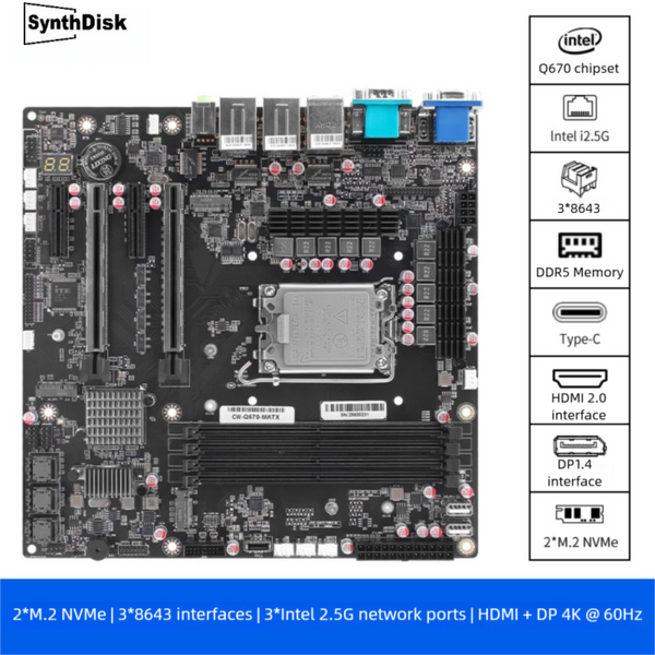 SynthDisk Q670 12-Bay NAS M-ATX Motherboard(LGA1700, 12th/13th/14th Gen. Desktop Processor), 4* U-DIMM DDR5 MAX 128GB, 2* M.2 NVMe, 12* SATA 3.0, 1* Type-C 20Gbps, 6* USB, DP/HDMI/VGA/eDP, COM Port