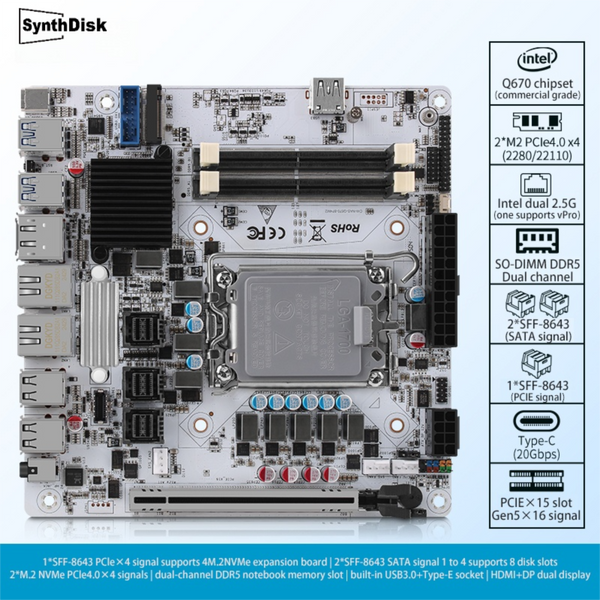 SynthDisk Q670-8Bay NAS Mini ITX motherboard upgrade version, LGA1700 supports Intel 12-14 generation processors, 8SATA+4M.2, DDR5 dual slots, 5X USB3/2, 8 SATA3.0 ports, I226LM 2.5G with vPro