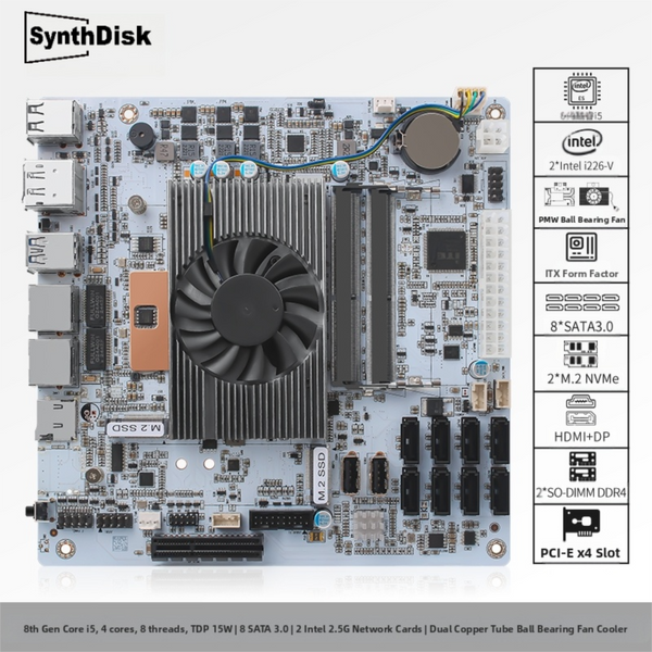 SynthDisk 8-Bay i5-8265UES NAS with 8 SATA+Dual M.2+Dual-Channel DDR4
